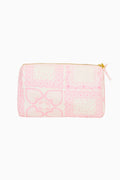 Pink lace Octavia pouch with heart patchwork, gold zipper and tie pull