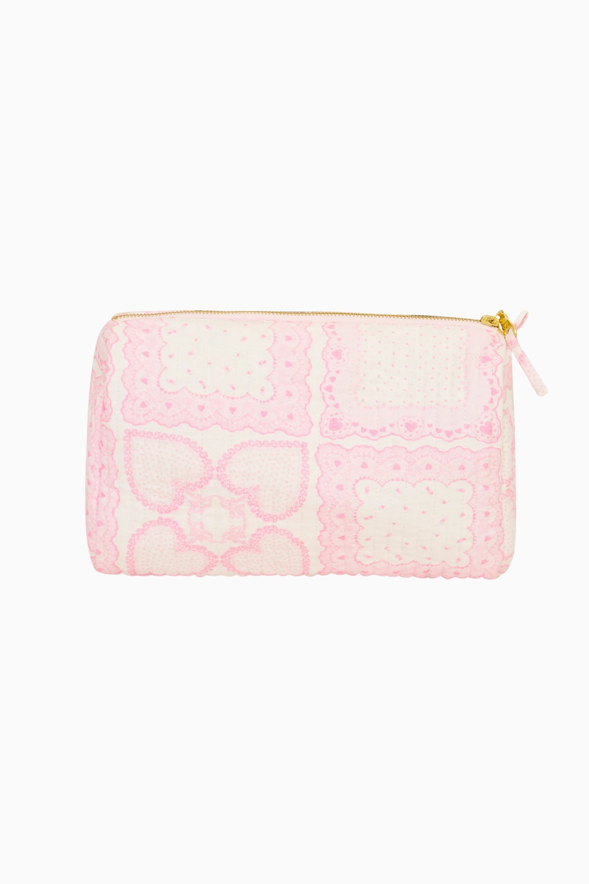 Pink lace Octavia pouch with heart patchwork, gold zipper and tie pull