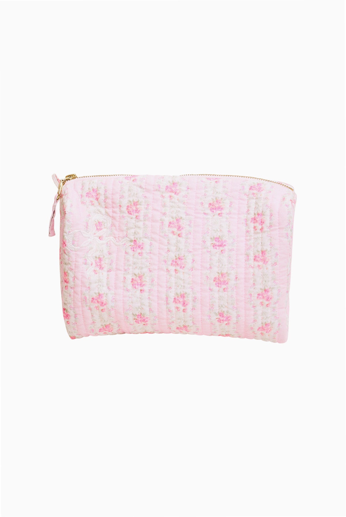 Quilted cotton cosmetic bag with pink floral pattern and gold zipper, zipper pull loop