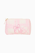 Pink lace Octavia zip pouch bag with heart embroidery and gold zipper