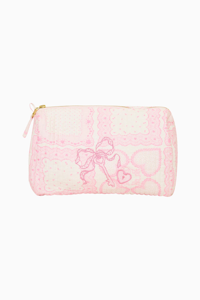 Pink lace Octavia zip pouch bag with heart embroidery and gold zipper - Customized