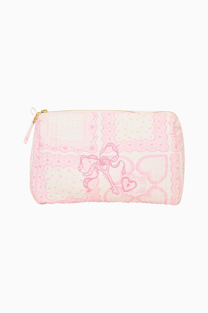 Pink lace Octavia zip pouch bag with heart embroidery and gold zipper