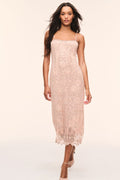 Beaded lace midi dress with spaghetti straps and square neckline, light beige