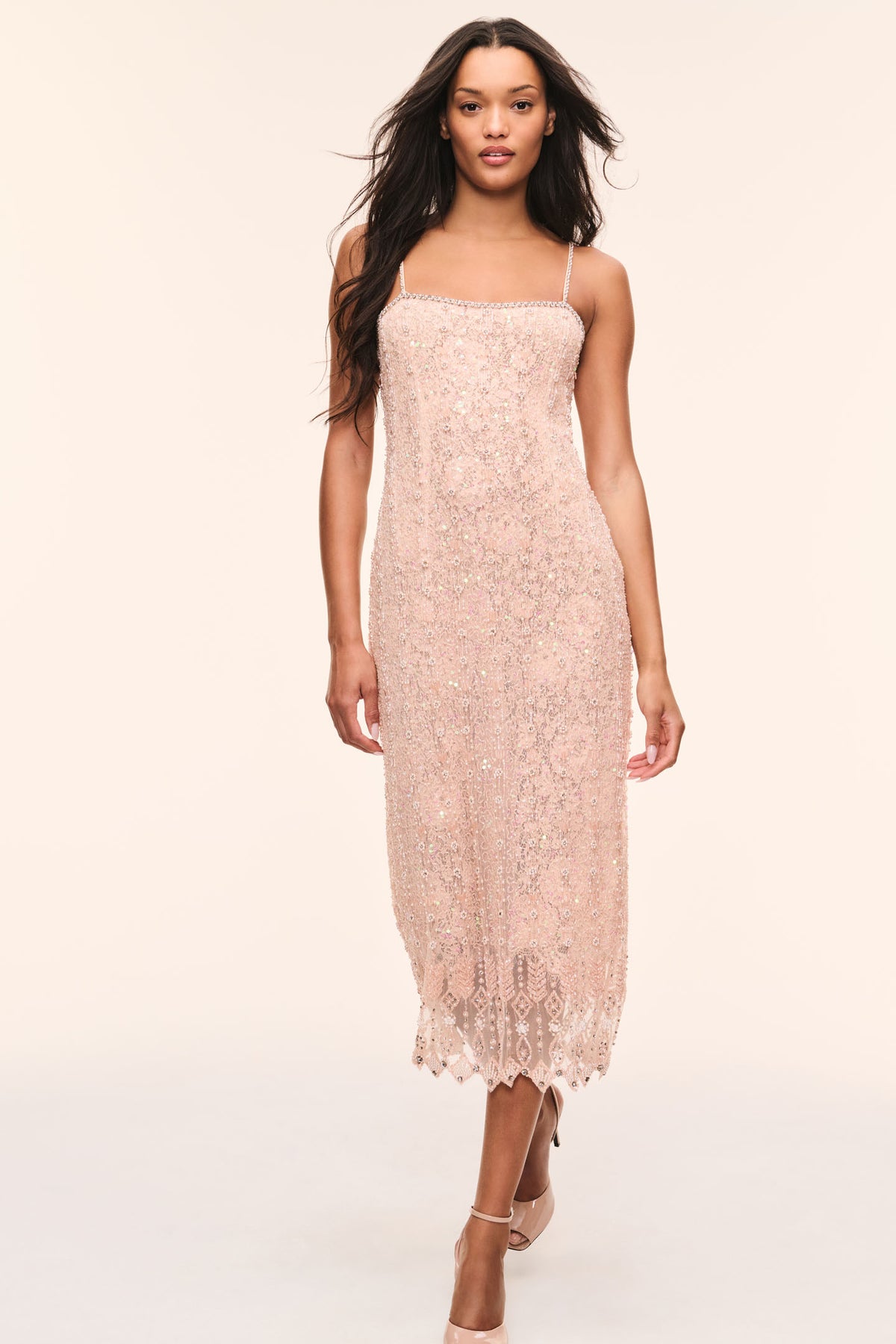 Beaded lace midi dress with spaghetti straps and square neckline, light beige