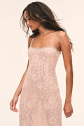 Beaded lace midi dress with thin spaghetti straps, fitted body, light beige