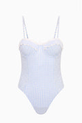Light blue gingham one-piece swimsuit with sweetheart cups and thin spaghetti straps