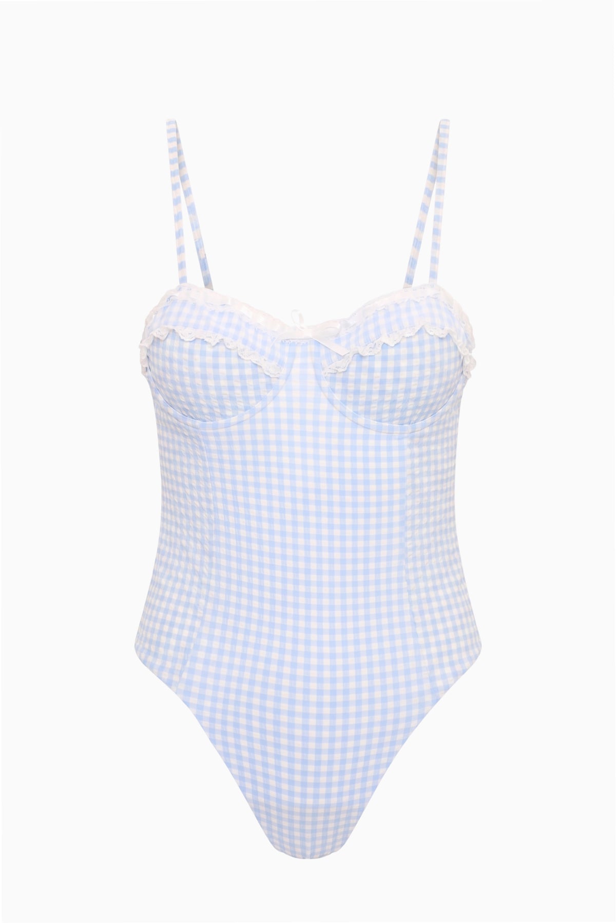 Light blue gingham one-piece swimsuit with sweetheart cups and thin spaghetti straps