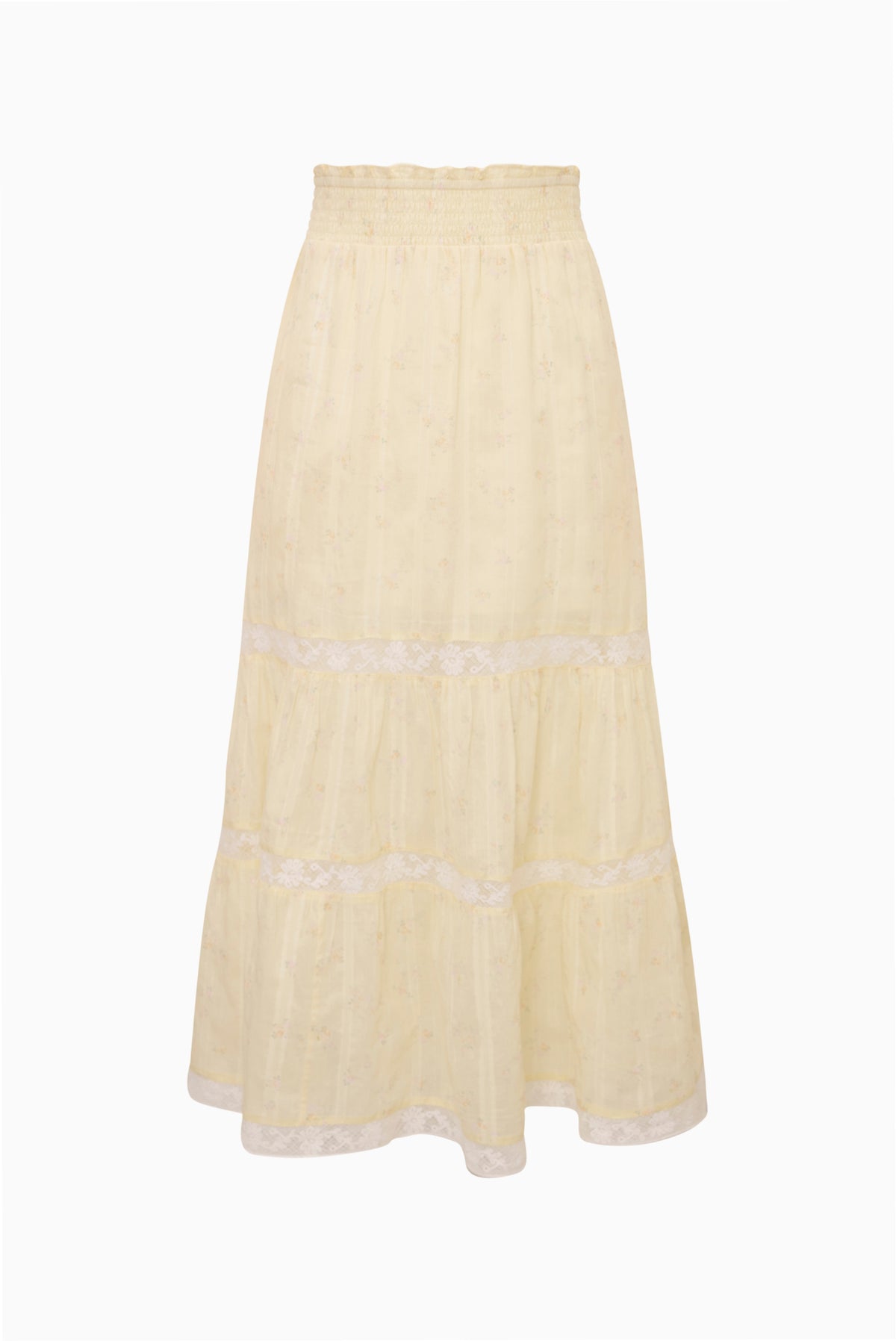 Light yellow tiered tween skirt with elastic waist and lace trim