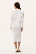 Off-white cotton pointelle cardigan, back view with ribbed hem and long sleeves