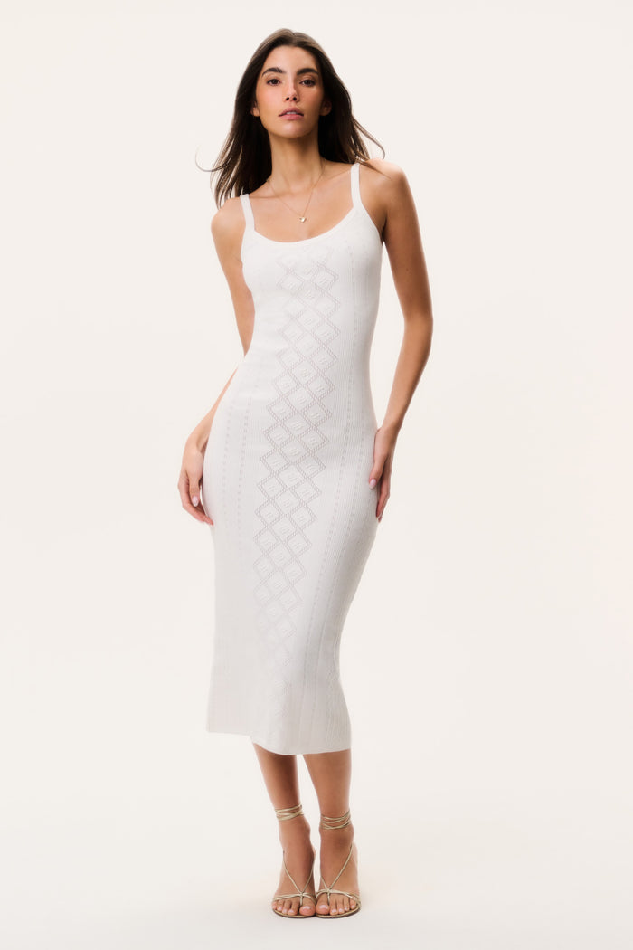 Off-white fitted midi dress with pointelle texture and thin spaghetti straps