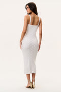 Back view of off-white pointelle midi dress with spaghetti straps