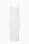 Off-white pointelle midi dress front, sleeveless with thin spaghetti straps