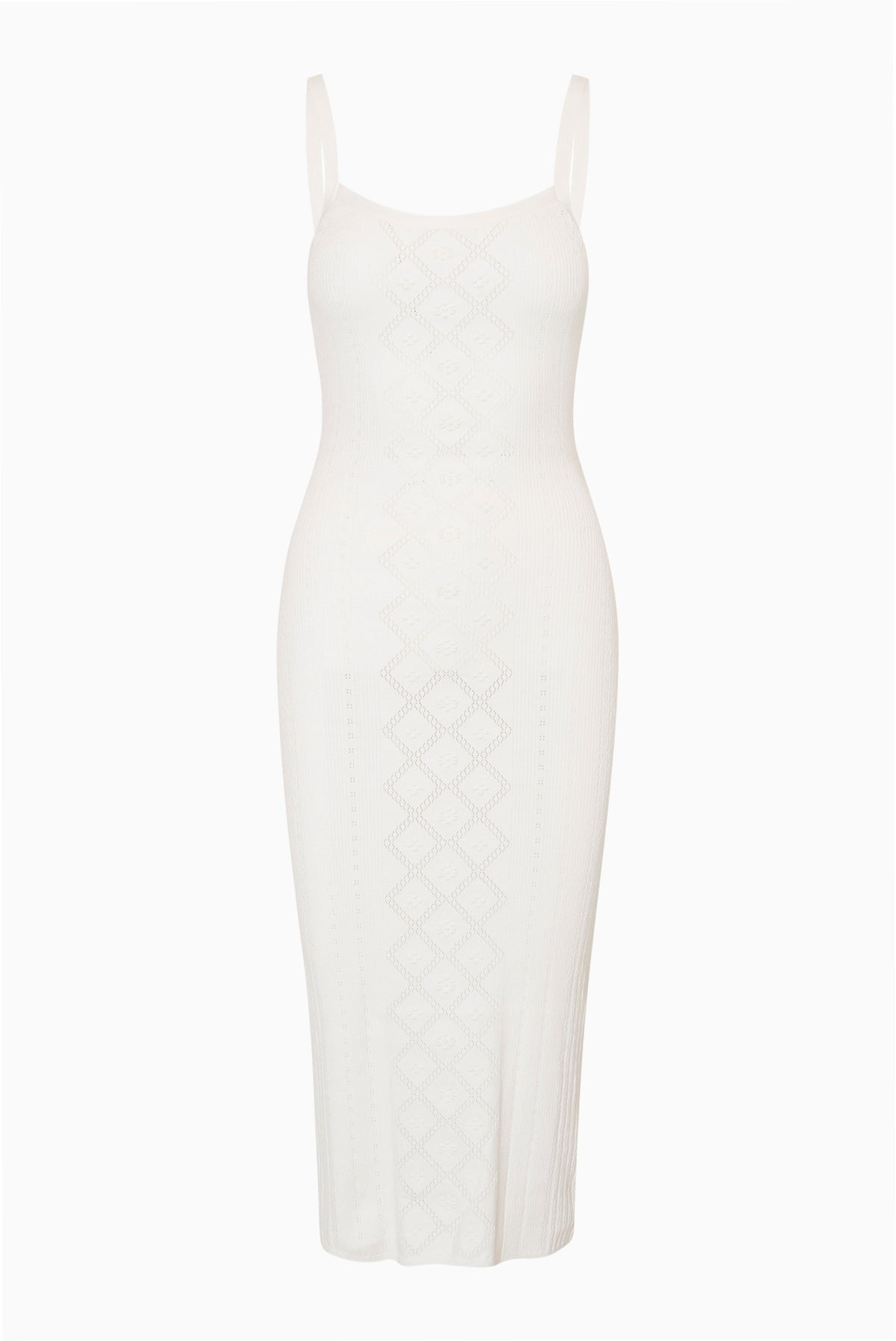 Off-white pointelle midi dress front, sleeveless with thin spaghetti straps
