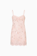 Opaline pink lace jetta dress, spaghetti straps, allover sequins and lace hem