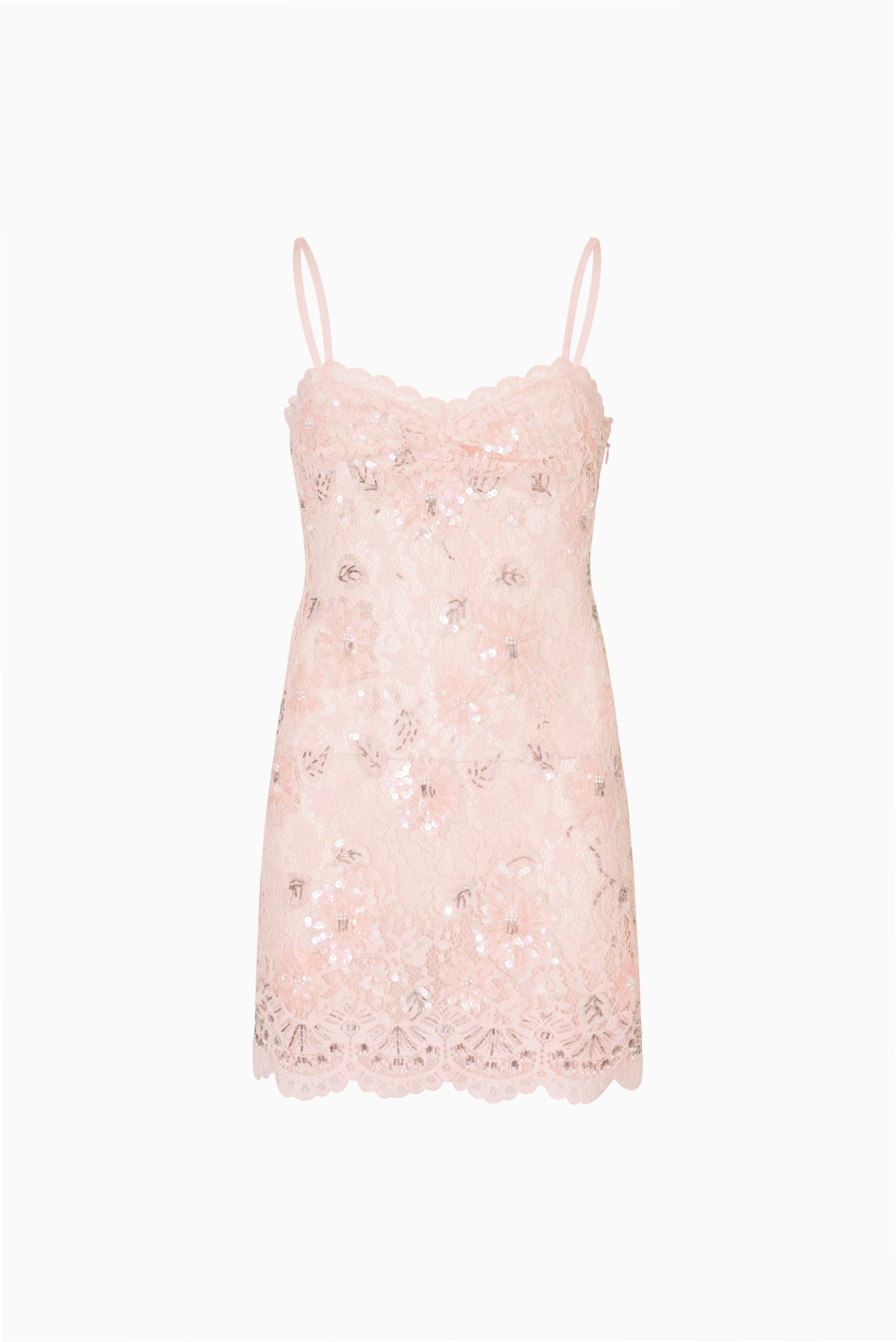 Opaline pink lace jetta dress, spaghetti straps, allover sequins and lace hem