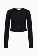 Dark pointelle stretch cardigan, button-front cropped style with ruffled hem, long sleeves