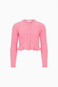 Girls pink pointelle button-front cardigan, long sleeves, tiered ruffle hem