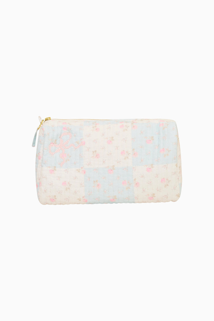 Floral patchwork zip pouch in ivory with pastel pink and blue prints
