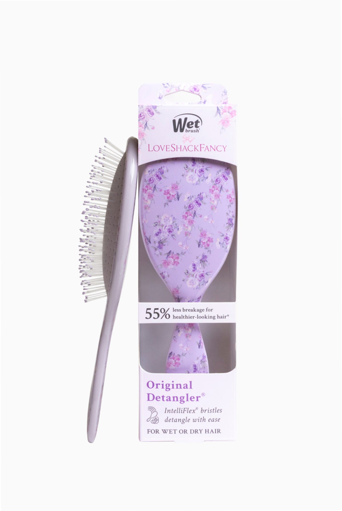 Original detangling hair brush with purple floral handle and bristle pad