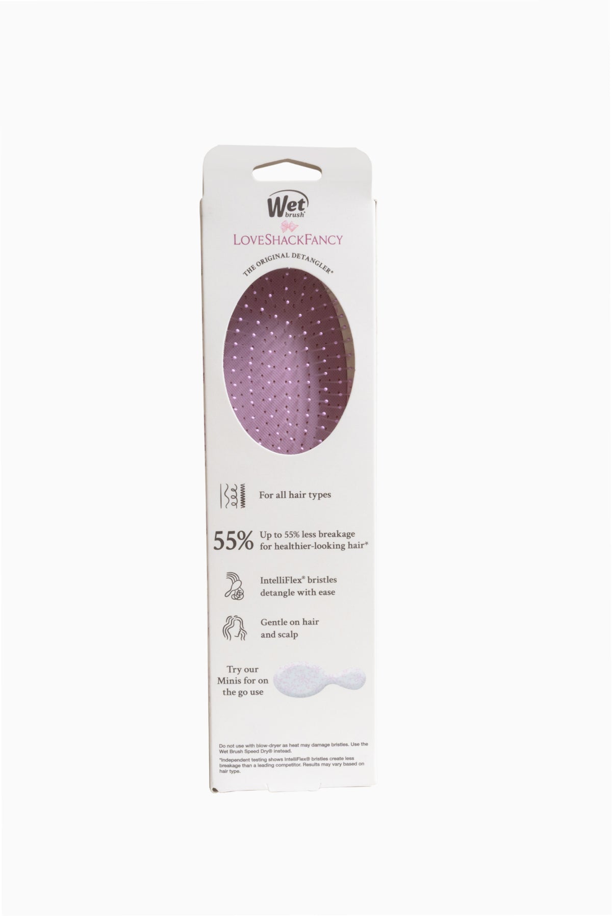 Wet Brush Original Detangler Ribbon Rosa, box back showing oval brush head