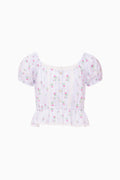 Girls floral striped puff-sleeve top with tiered ruffles and smocked waist
