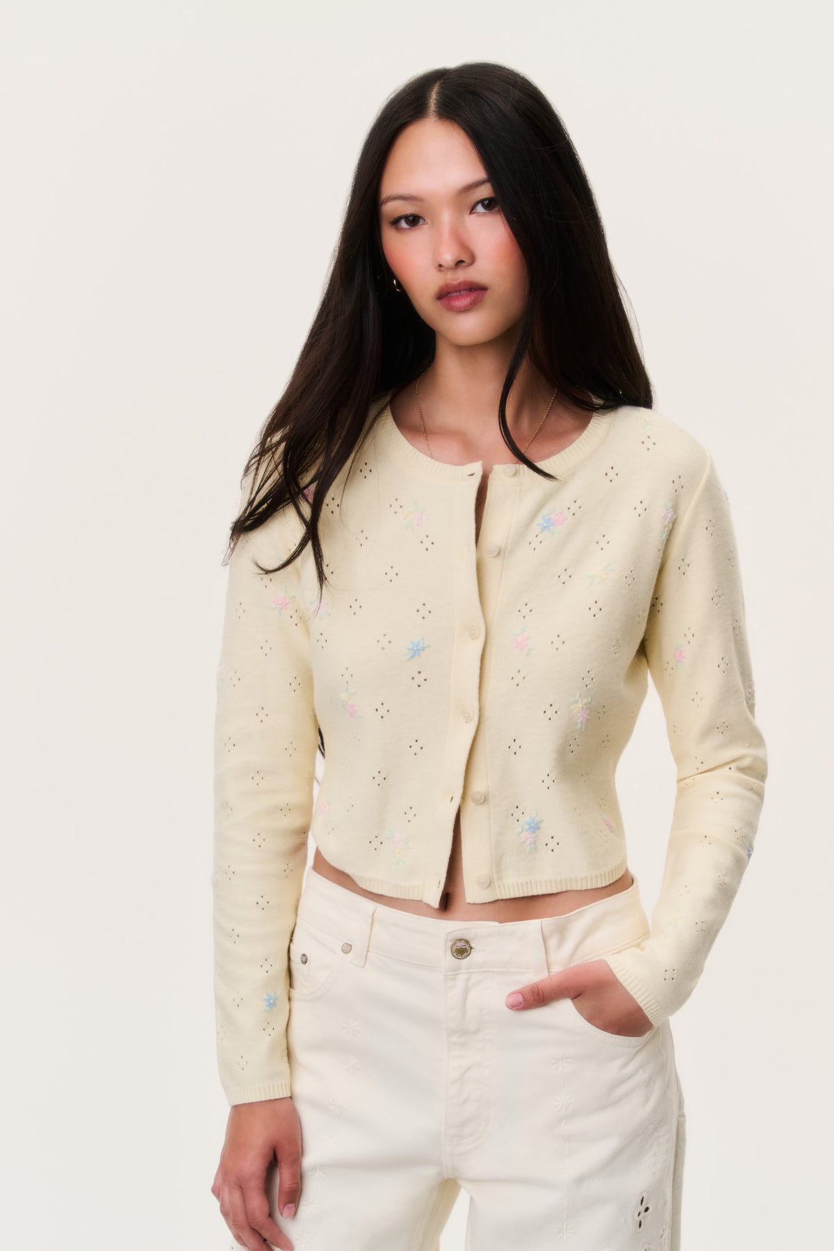 Embroidered floral cardigan in pale yellow with button front and long sleeves