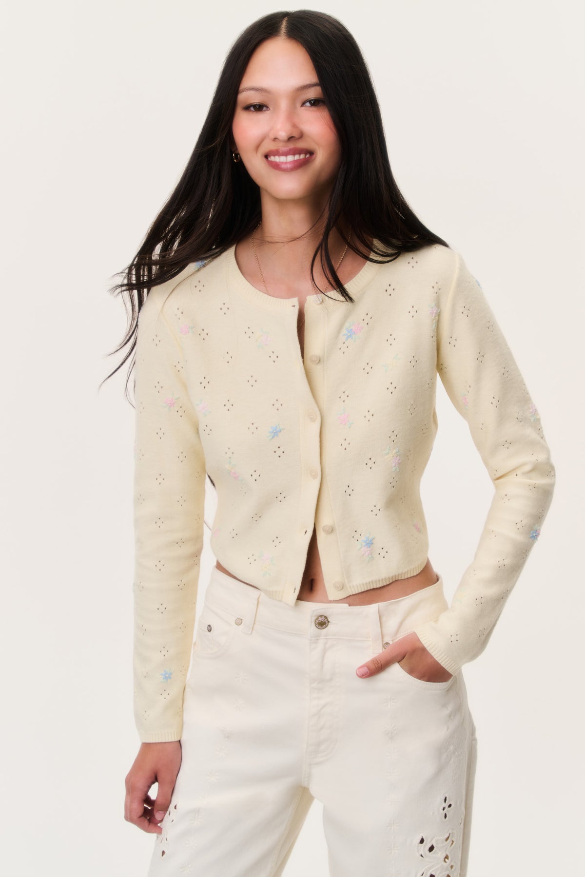 Pale yellow embroidered floral cardigan with button front, round neck, long sleeves