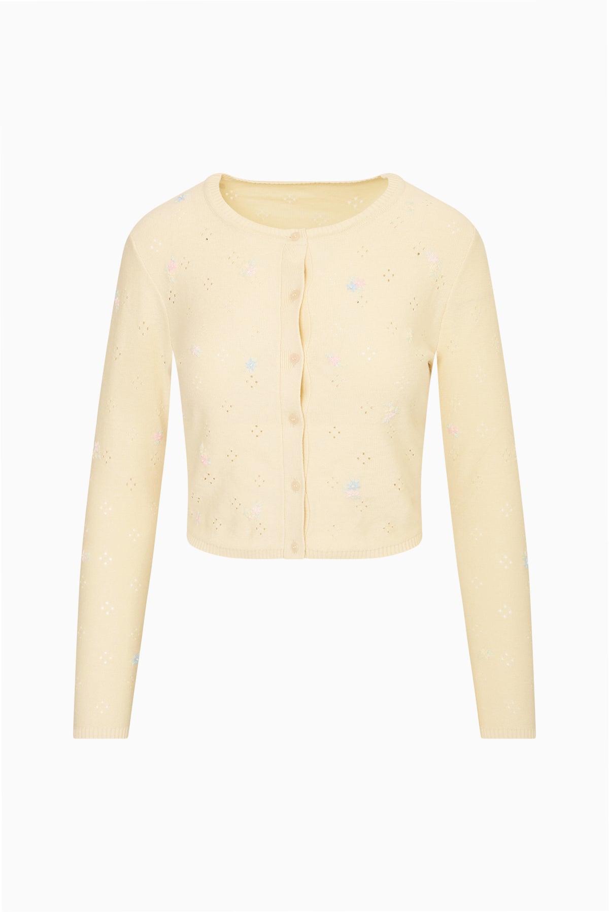 Pale yellow embroidered floral cardigan, button-front knit with long sleeves