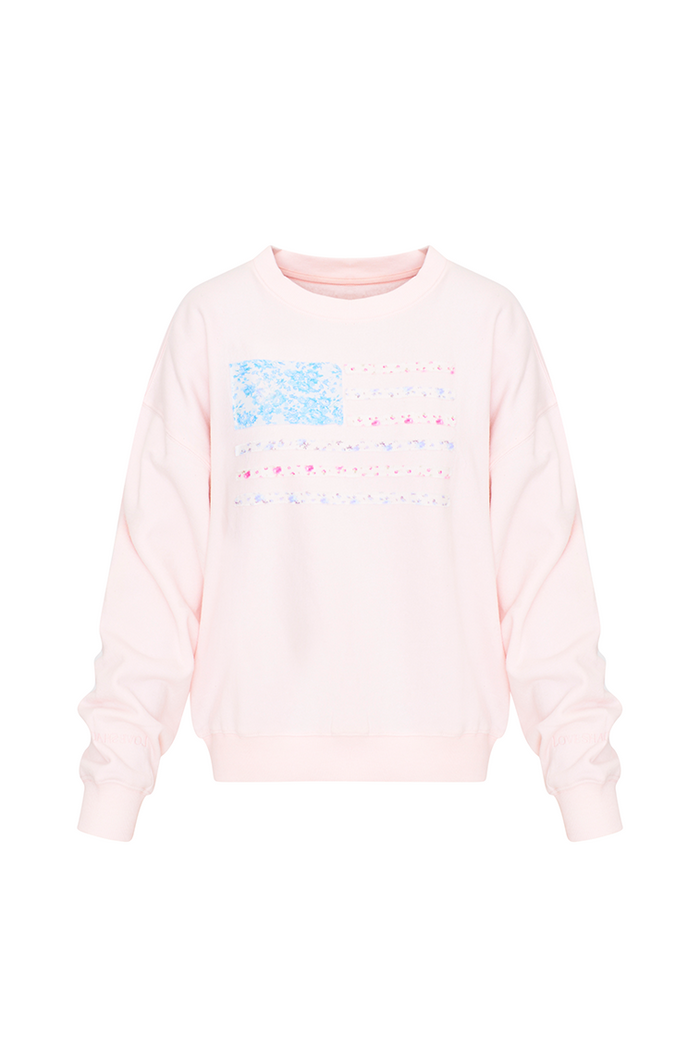 Pink fleece pullover with crew neck and multicolor graphic stripe print, long sleeves - Customized