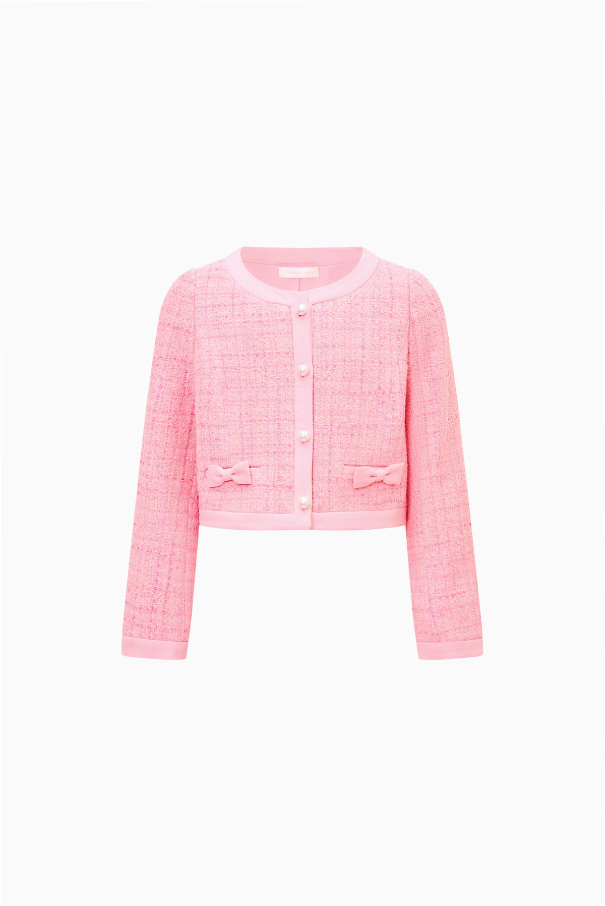 Girls pink tweed cropped jacket with pearl buttons and bow chest details