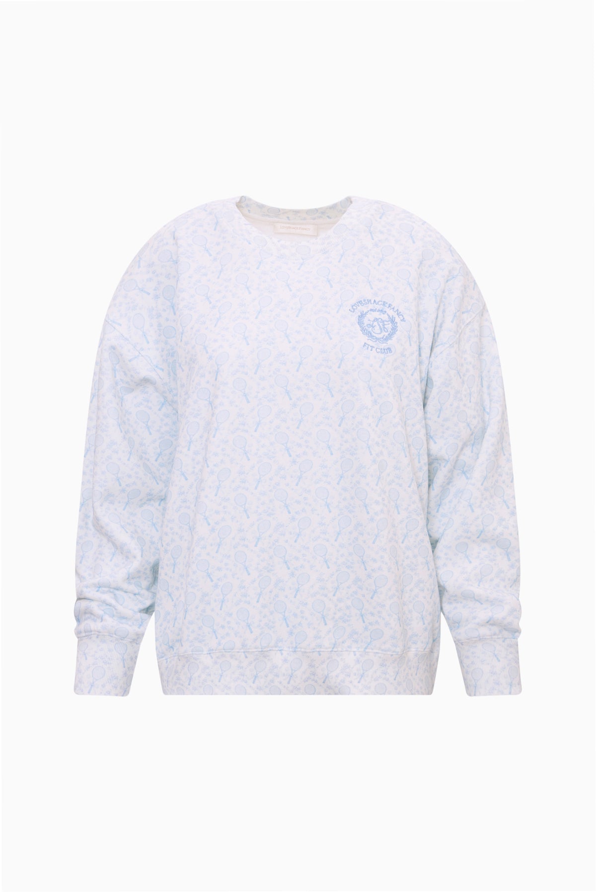 Light blue tennis print pullover with crew neck and long sleeves