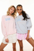 Two fleece pullovers side by side: pink and light blue, crew necks with stripe graphics