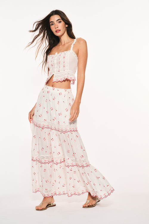 Optic white cotton maxi skirt with red cherry print and tiered ruffled hem