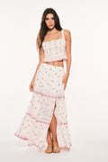 Optic white cotton maxi skirt with red cherry print and layered ruffle trim
