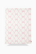 Full view fleece-style blanket with pink bow lattice pattern on white background