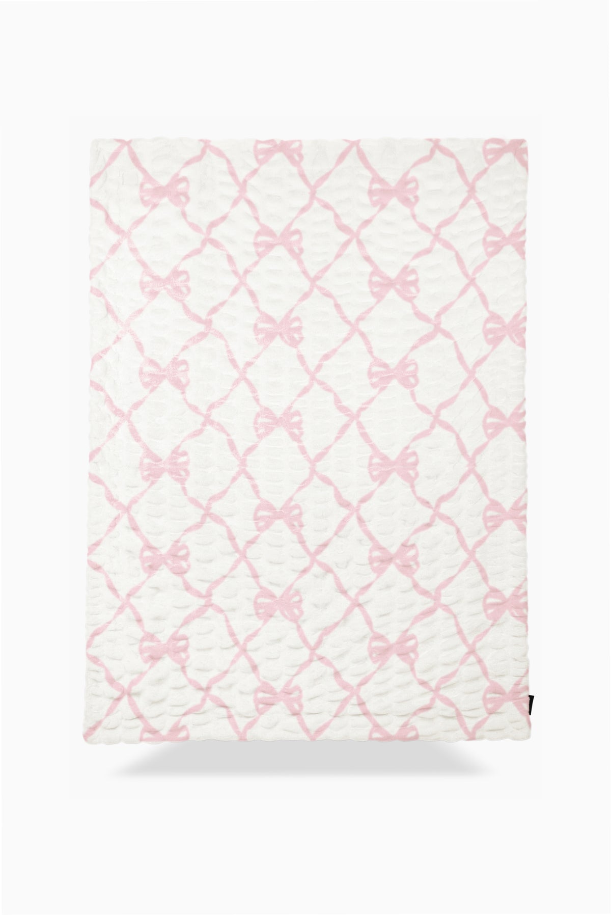 Full view fleece-style blanket with pink bow lattice pattern on white background