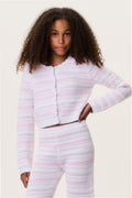 Tween crochet cardigan, pink-and-white striped, button-front, long sleeves, cropped length