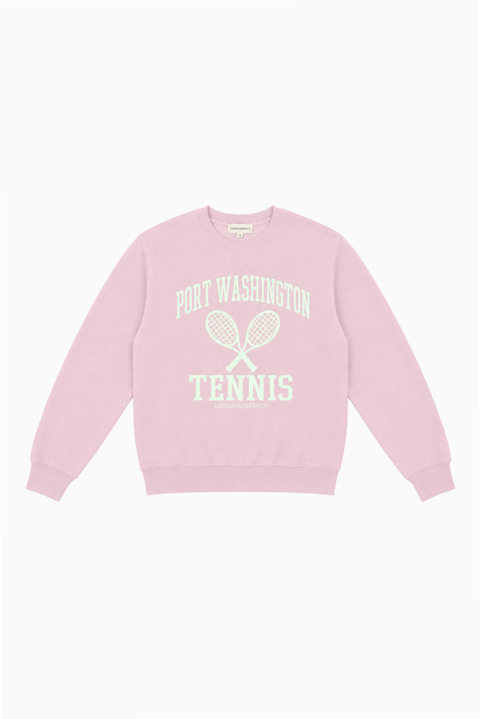 Pink crewneck tennis pullover with front tennis graphic and racket
