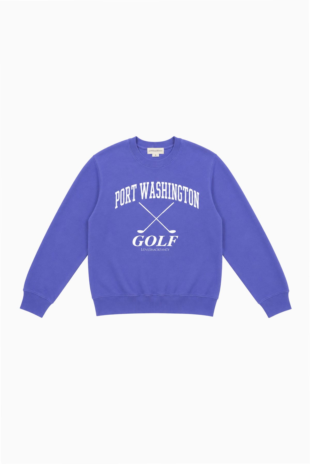 Purple crewneck golf pullover with 'Port Washington Golf' graphic and crossed clubs