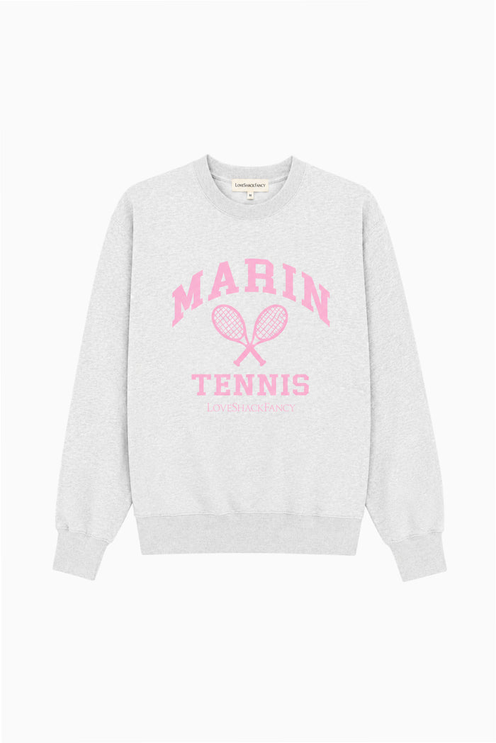 Grey tennis pullover sweatshirt with pink court graphic, crewneck, long sleeves