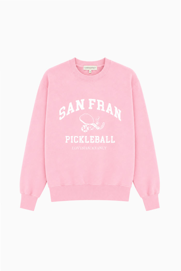 Pink pickleball pullover sweatshirt with large San Fran graphic text