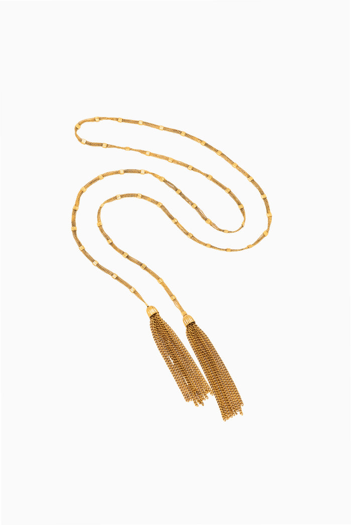 Jennifer Behr gold tassel pendant necklace with two fringe tassels