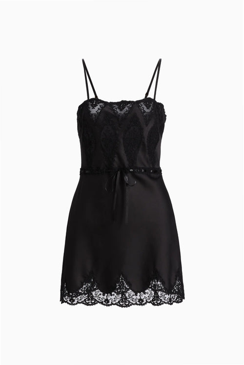 Black lace-detailed mini slip dress with spaghetti straps and bow-tied waist