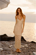 Metallic crochet maxi dress, V-neck spaghetti straps, shimmering sand, fitted silhouette