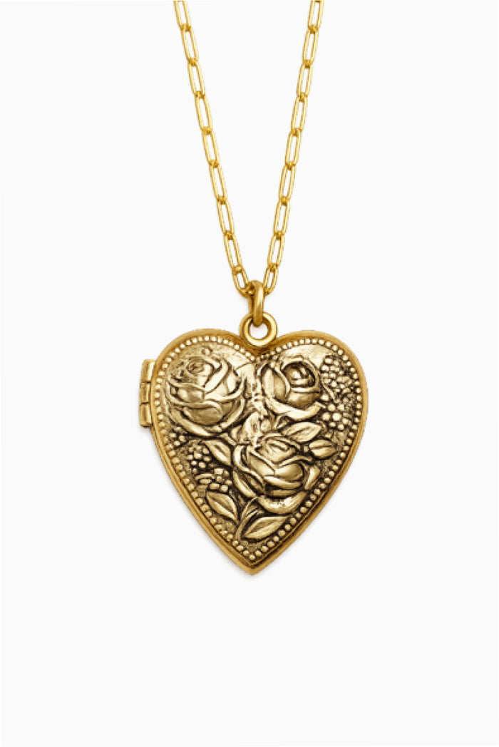 Gold heart locket pendant with embossed roses and link chain