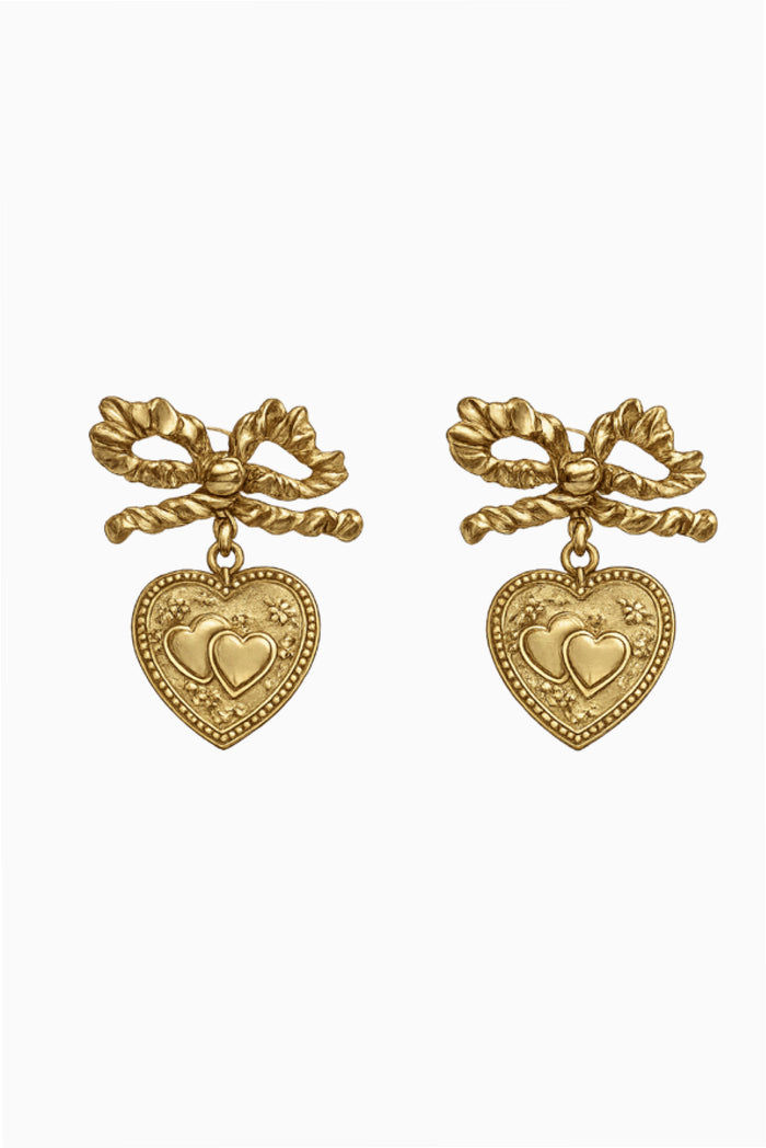 Gold-tone bow earrings with heart drop pendant