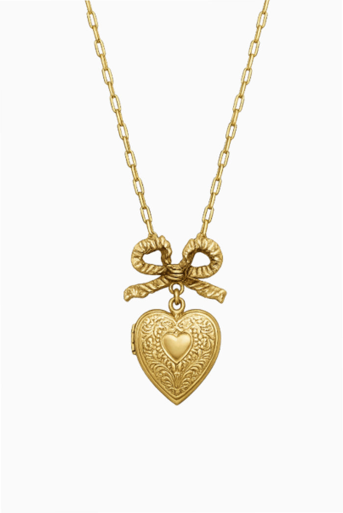 Gold bow and heart locket pendant necklace with chain