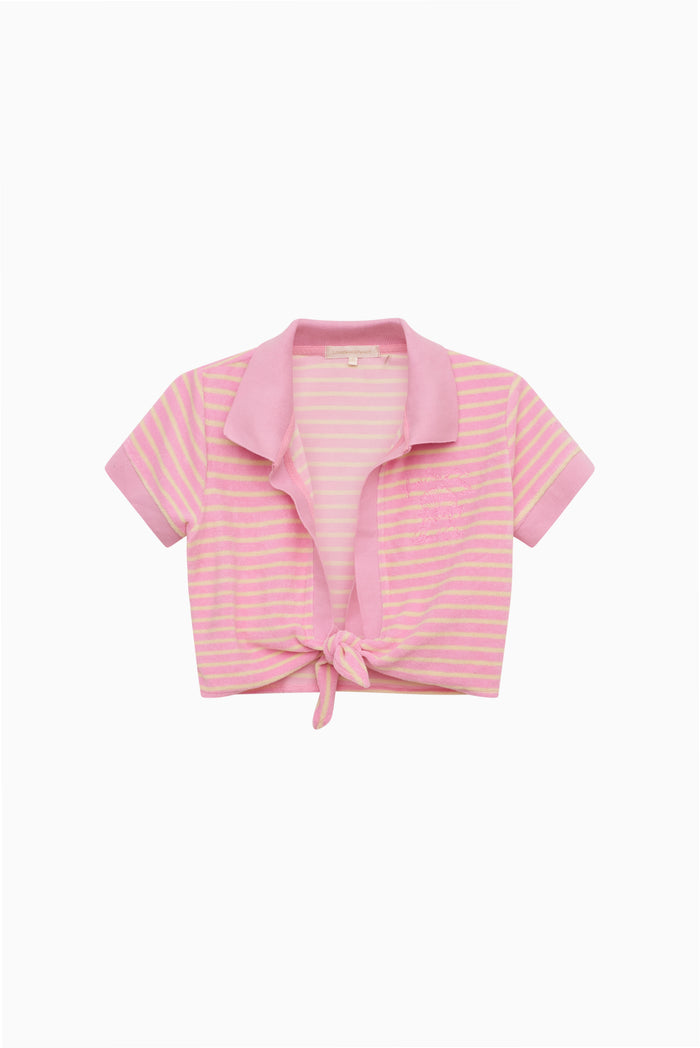 Pink striped cropped terry polo with collar and short sleeves, front tie