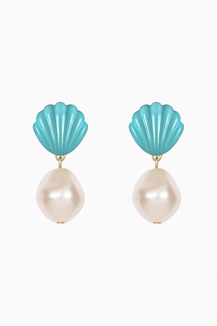 Shell and pearl drop earrings with turquoise resin cap and white pearl bead