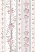 Cotton floral print fabric swatch with mauve-and-white flowers, vines, and dots